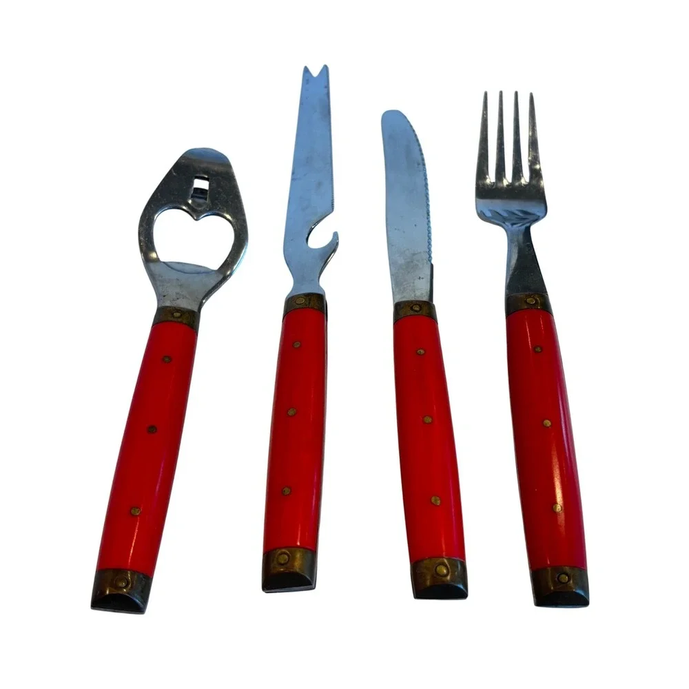 Vtg Melron Flatware Bistro Pattern Red Brass Bottle Opener Fork Knife‎ Stainless